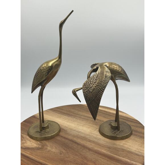 Solid Brass Crane Heron Egret Bird Figurines Pair Sculptures Textured Set of 2 - Picture 1 of 11